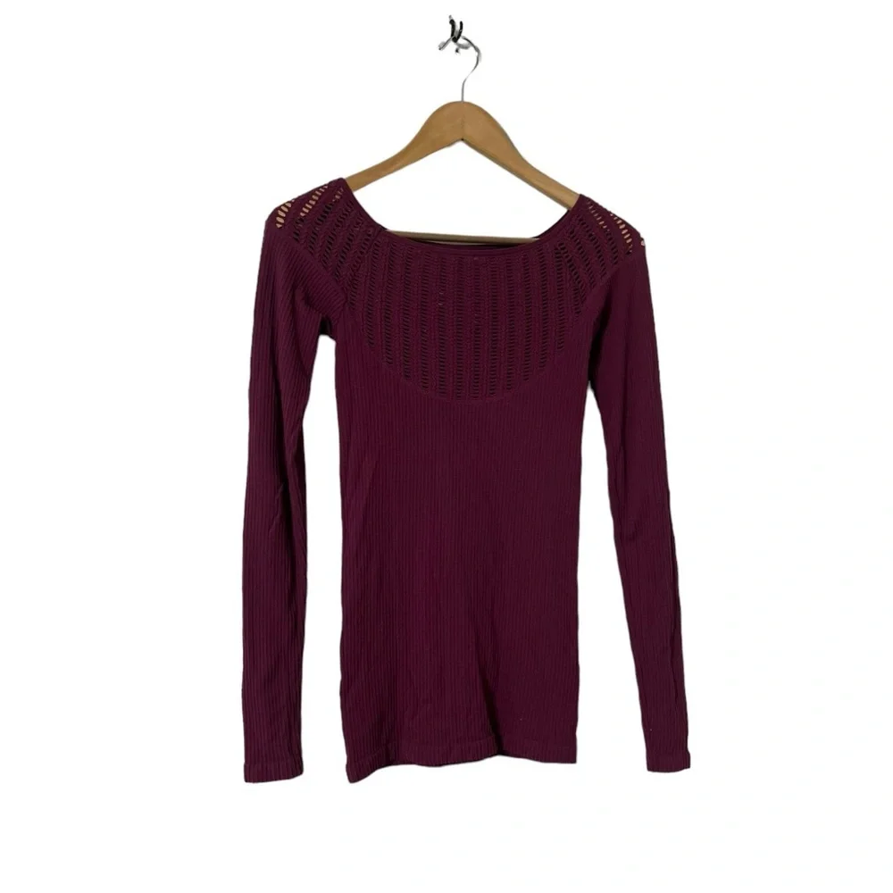 FREE PEOPLE Intimately Laser Cut Out Ribbed Long Sleeve Shirt Top